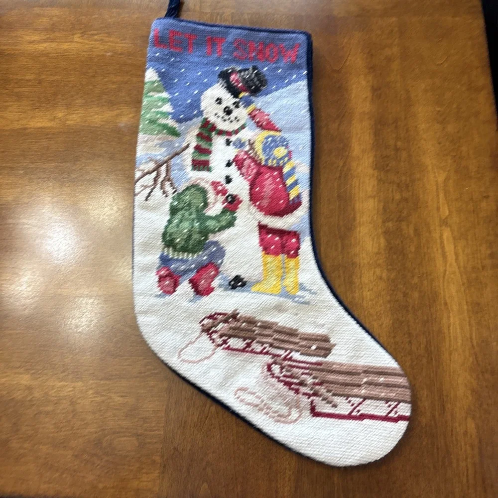 Snowman Children Winter‎ Yarn Needlepoint Christmas Stocking Blue Velvet